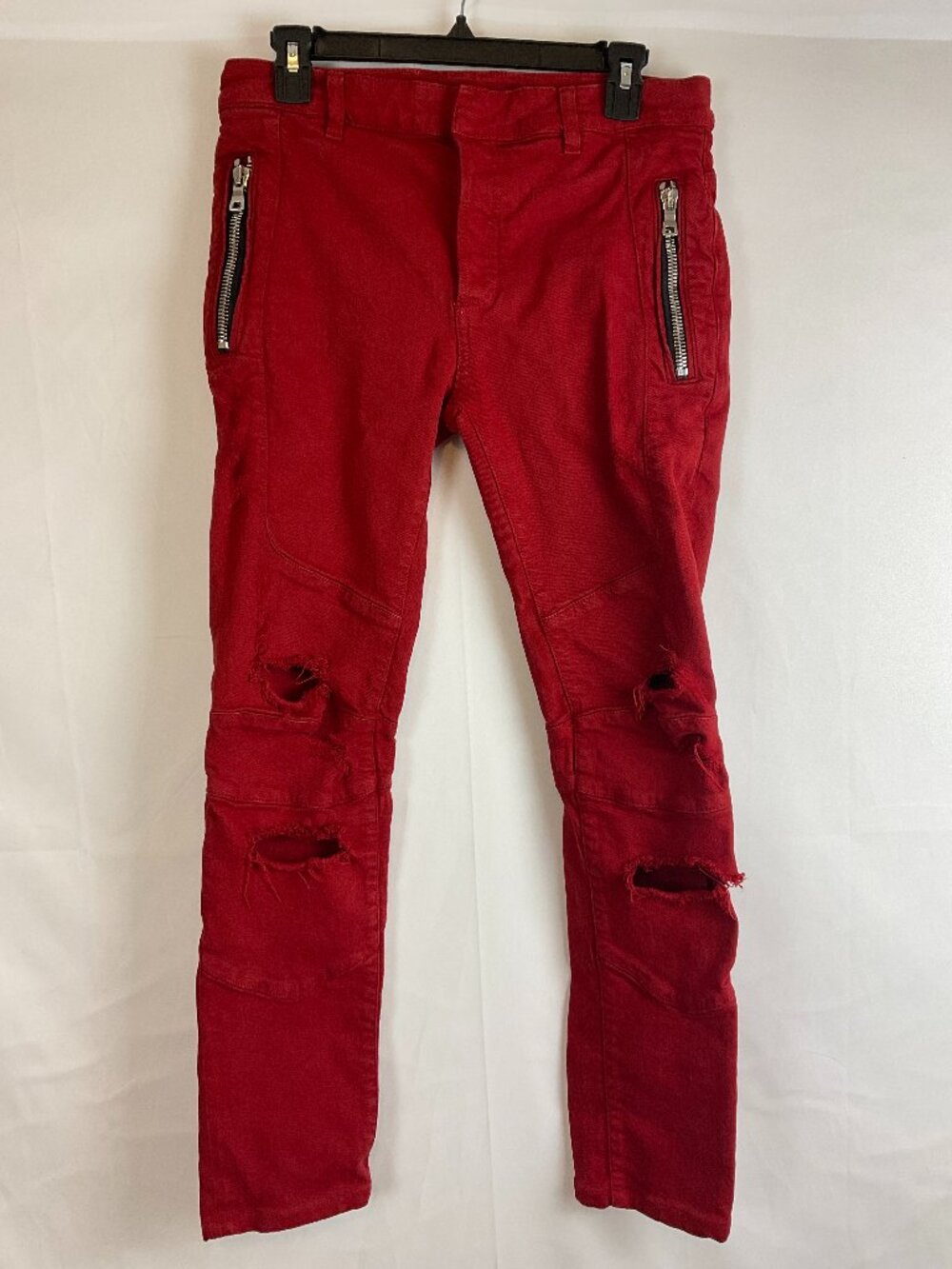 Balmain Pants 30 Red Button Fly Slim-Straight Leg Distressed Zipper Pockets Hook